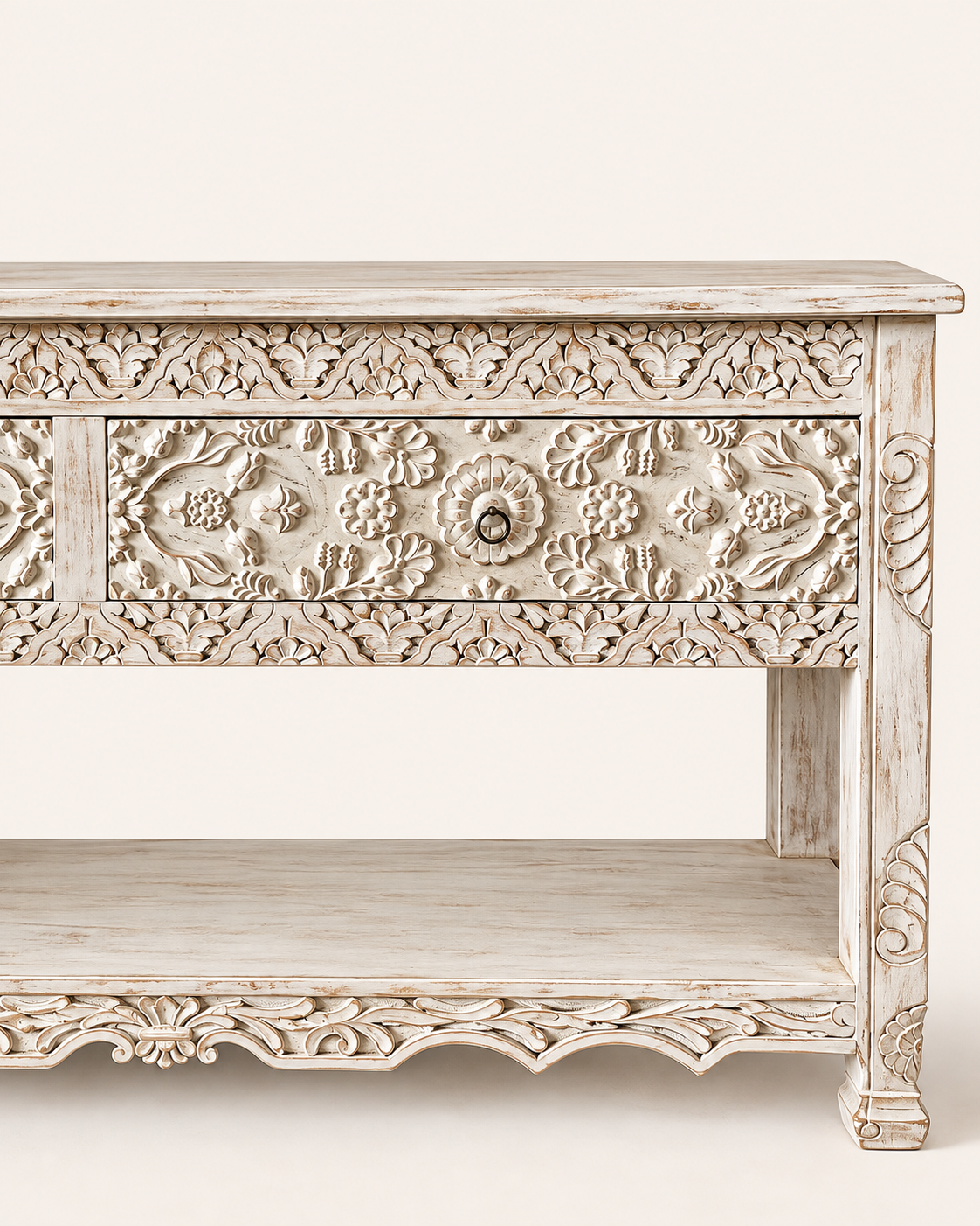 white hand-carved floral wooden console table with drawer