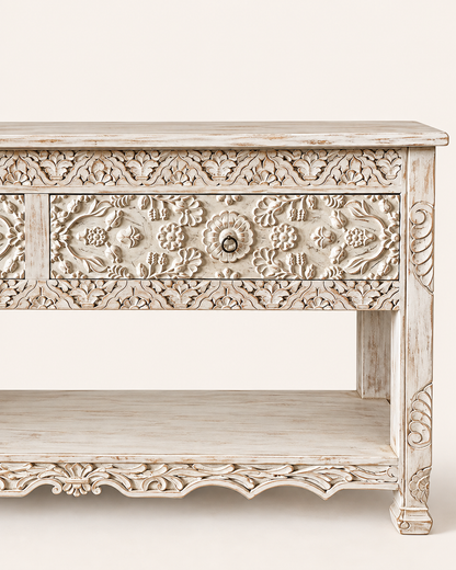 White Hand-Carved Floral Wooden Console Table with Drawer