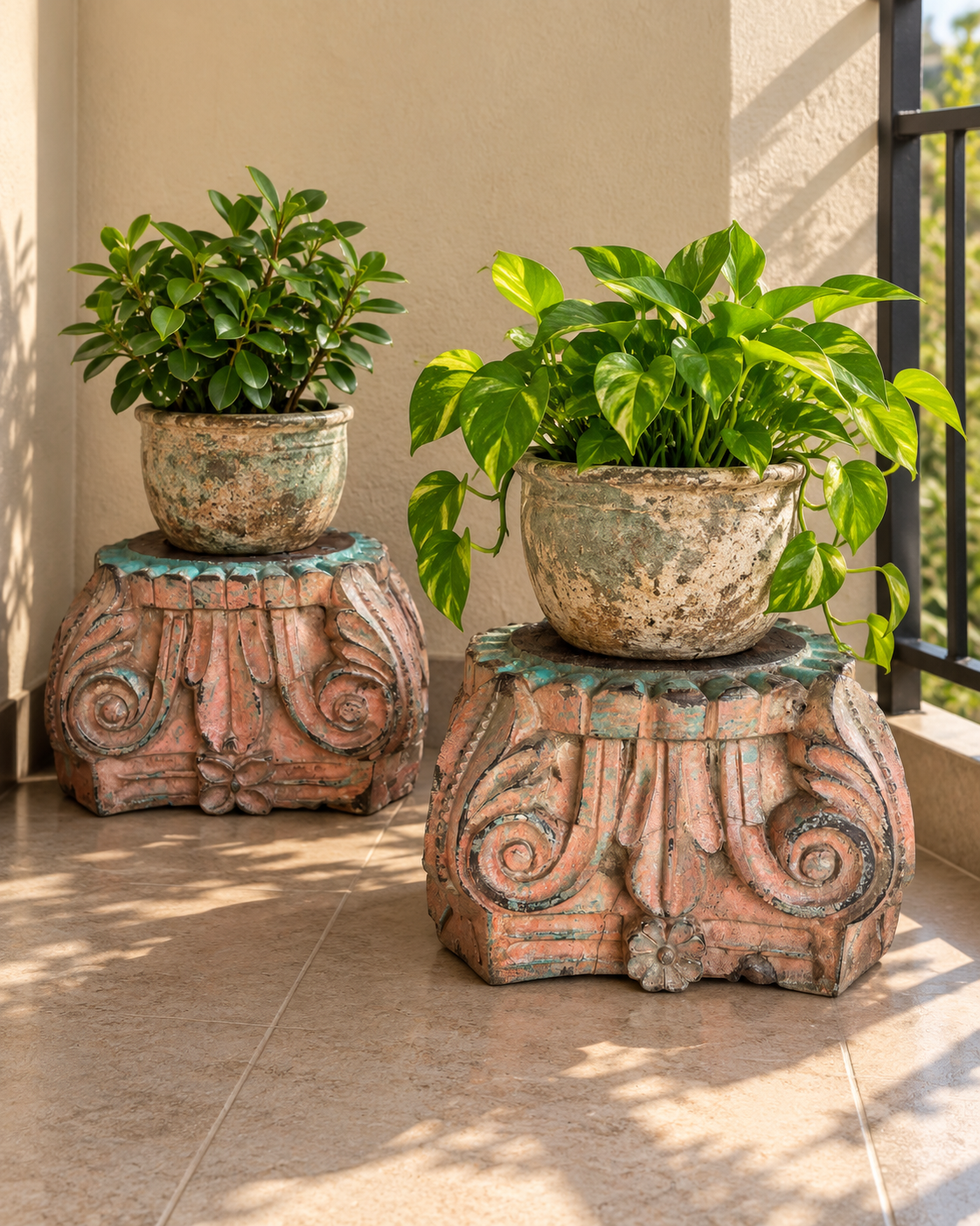 vintage hand-carved wooden pillar base candle holders - set of 2 / distressed peach & turquoise patina finish