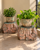 Vintage Hand-Carved Wooden Pillar Base Candle Holders - Set of 2 / Distressed Peach & Turquoise Patina Finish