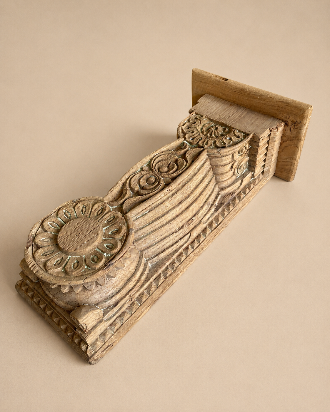 vintage hand-carved bleach finish wooden wall shelf