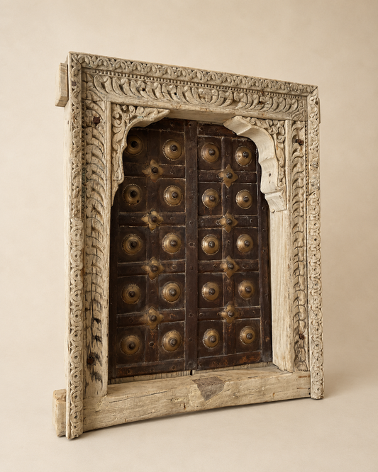 Bleached Hand-Carved Shekhawati Haveli Window with Functional Opening Shutters