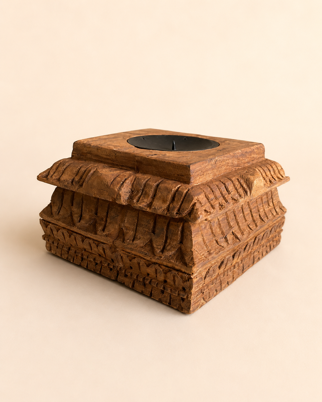 vintage hand-carved old teak wood candle holder