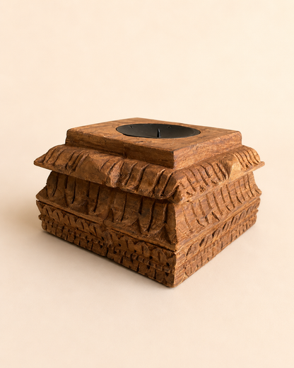 Vintage Hand-Carved Old Teak Wood Candle Holder