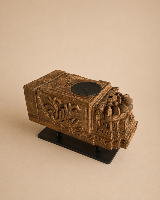 Vintage Hand-Carved Wooden Candle Holder on Iron Stand