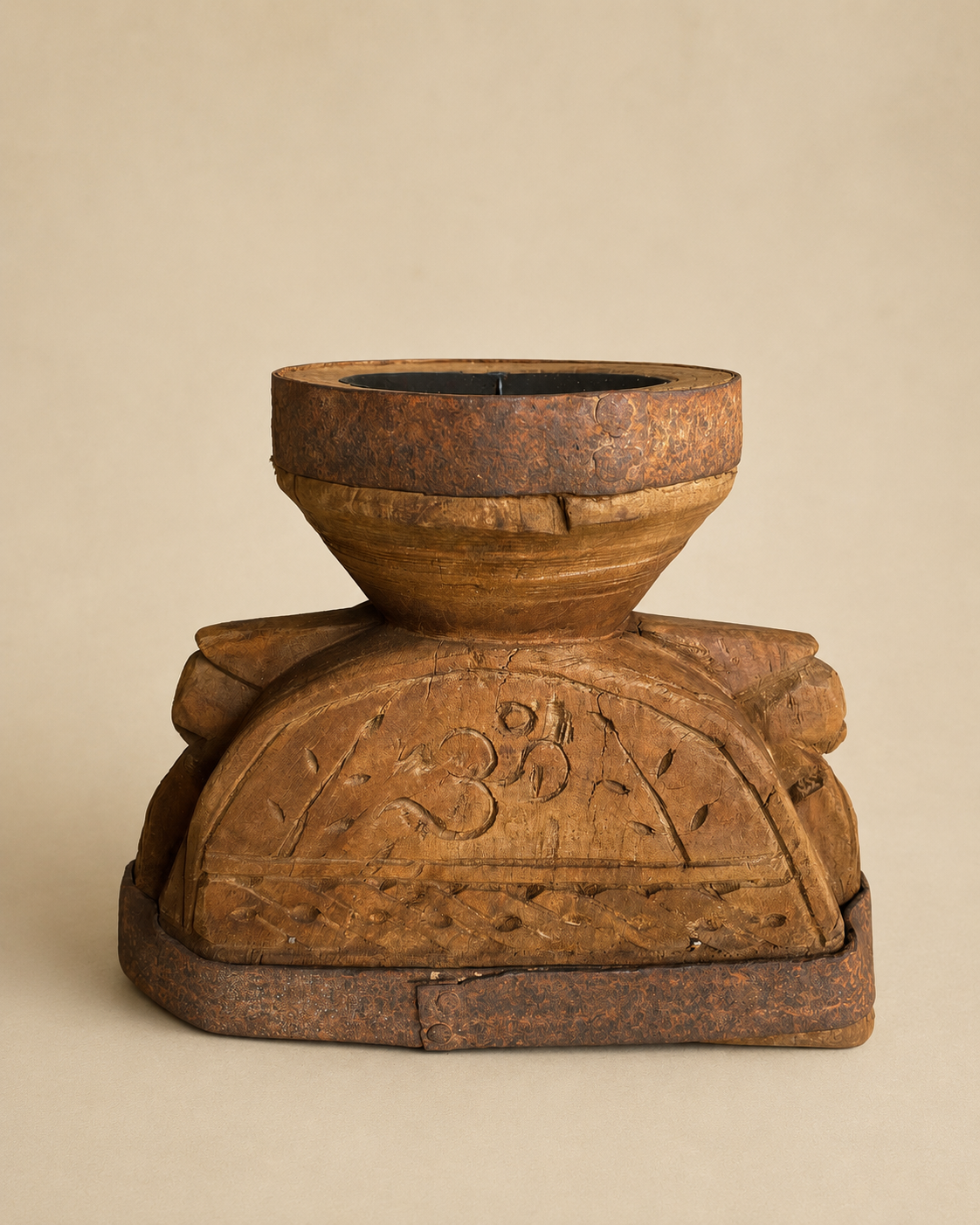 vintage hand-carved 'ॐ' seeder wooden candle holder