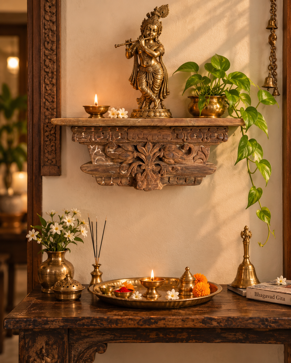 vintage hand-carved floral & leaf wall shelf