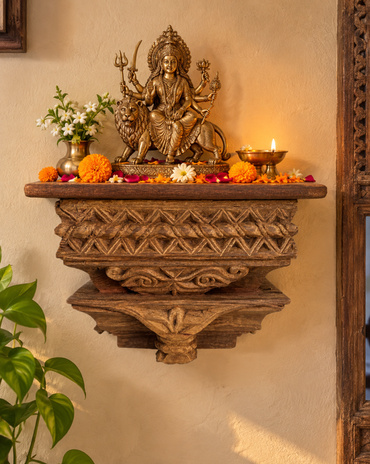 Hand-Carved Geometric Wooden Corbel Wall Shelf
