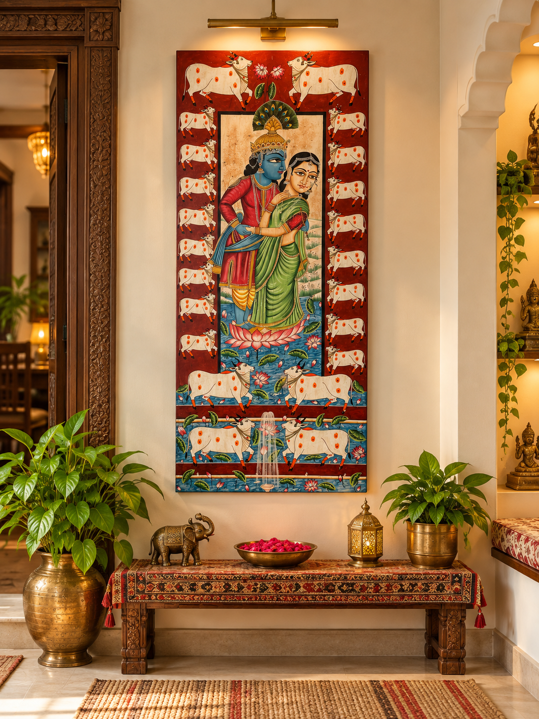 hand-painted radha krishna traditional wooden wall decor panel