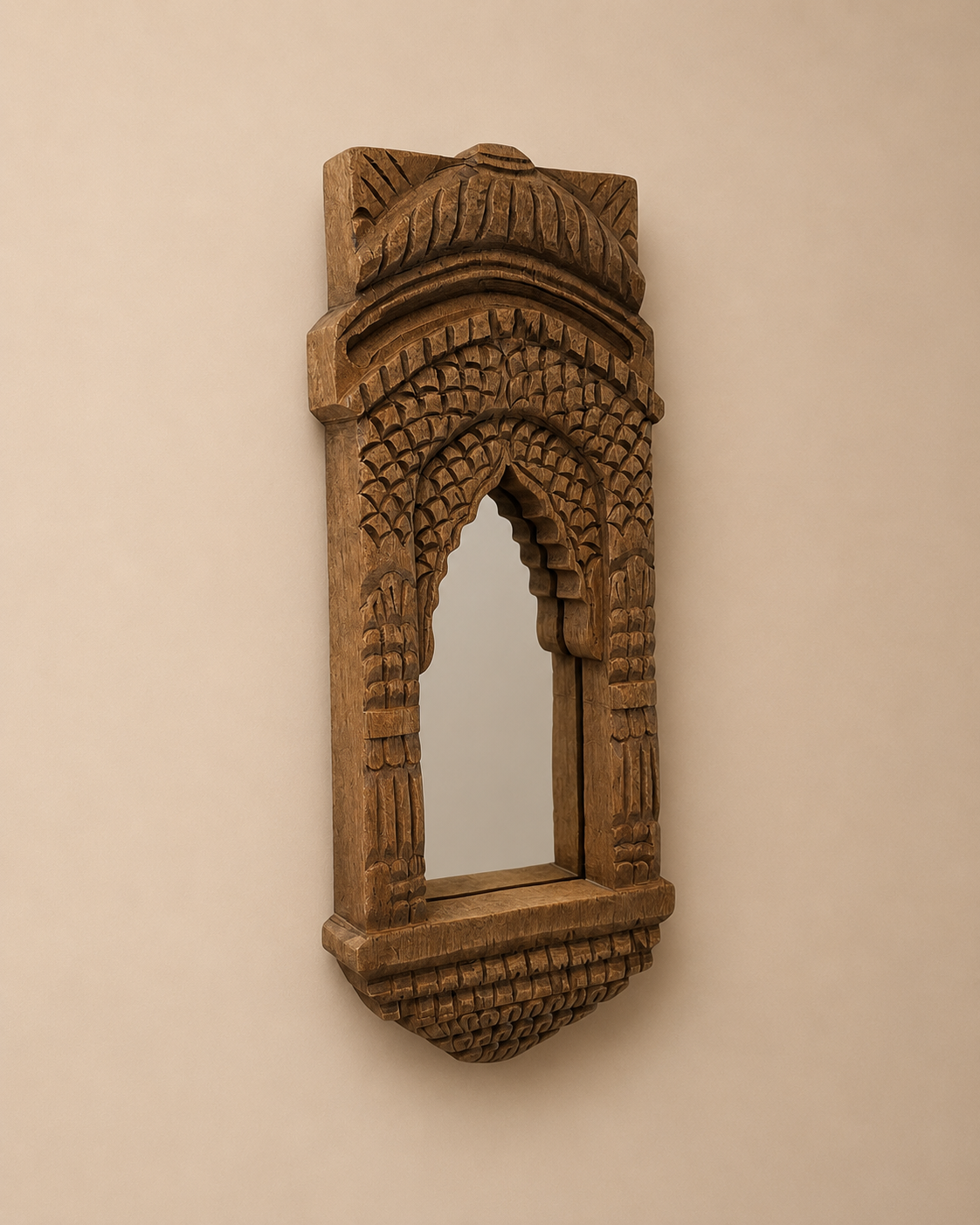 hand-carved teak wood heritage arch wall mirror