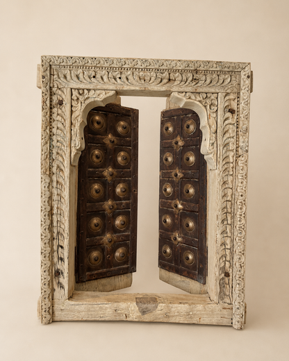 Bleached Hand-Carved Shekhawati Haveli Window with Functional Opening Shutters