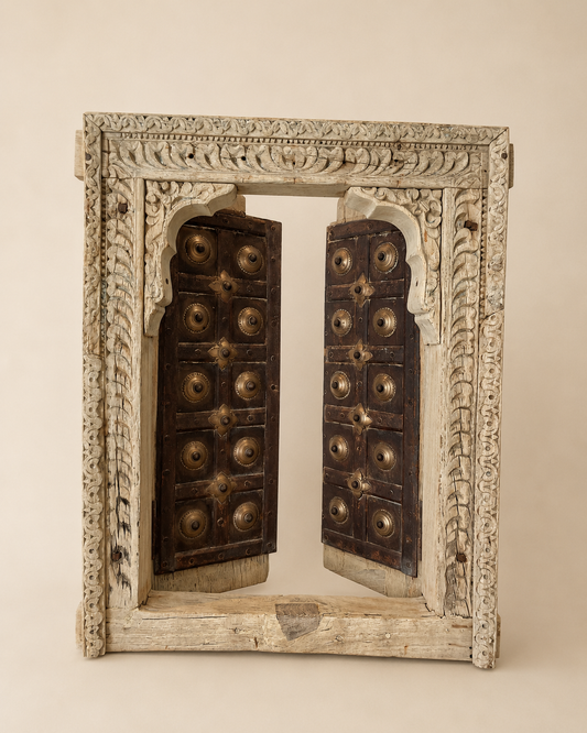 Bleached Hand-Carved Shekhawati Haveli Window with Functional Opening Shutters