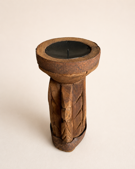 Vintage Hand-Carved 'ॐ' Seeder Wooden Candle Holder