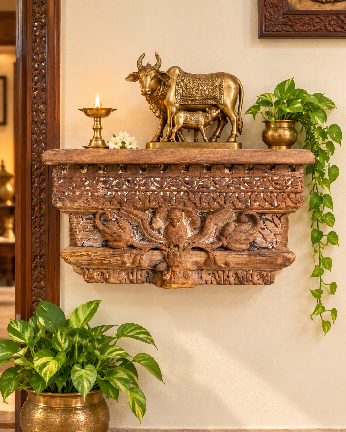 antique hand-carved floral bird motif wooden corbel shelf