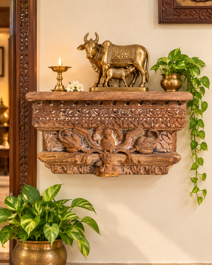 Antique Hand-Carved Floral Bird Motif Wooden Corbel Shelf