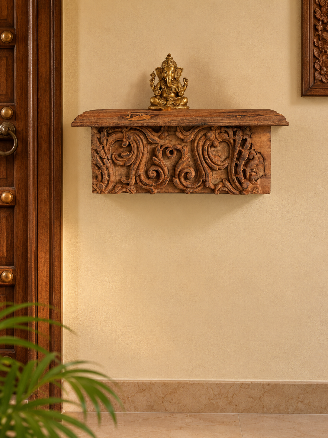 vintage hand-carved scrollwork wooden wall shelf / bracket