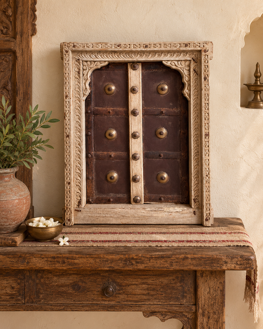 Vintage Hand-Carved Shekhawati Haveli Window with Opening Shutters