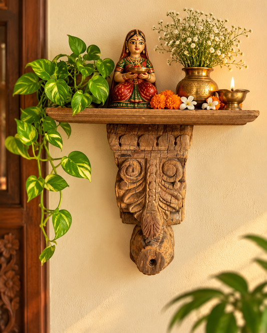 Vintage Hand-Carved Floral & Scrollwork Wooden Corbel Bracket
