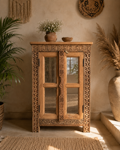 Teak Wood Carved Storage Cabinet with Glass Doors / Shoe Rack Cabinet
