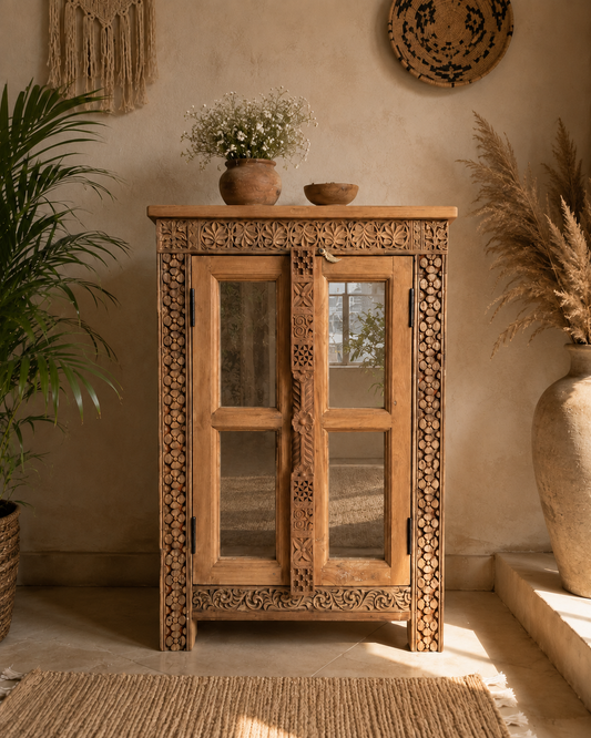 Teak Wood Carved Storage Cabinet with Glass Doors / Shoe Rack Cabinet