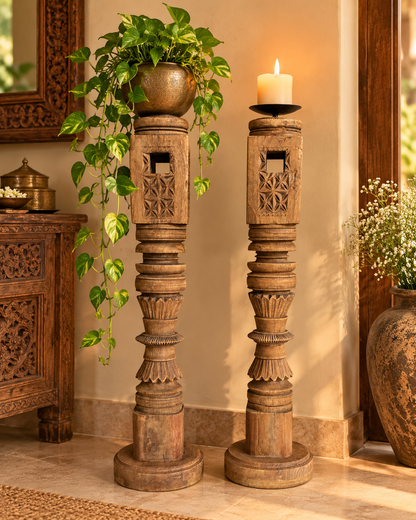Vintage Carved Charpai Leg Candle Stand / Statue Holder / Planter – Set of 2