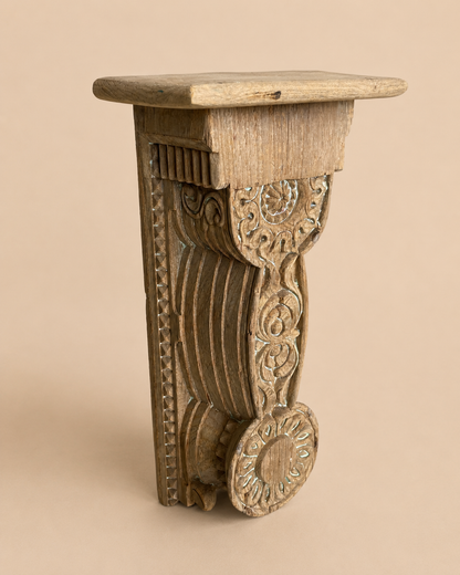Vintage Hand-Carved Bleach Finish Wooden Wall Shelf