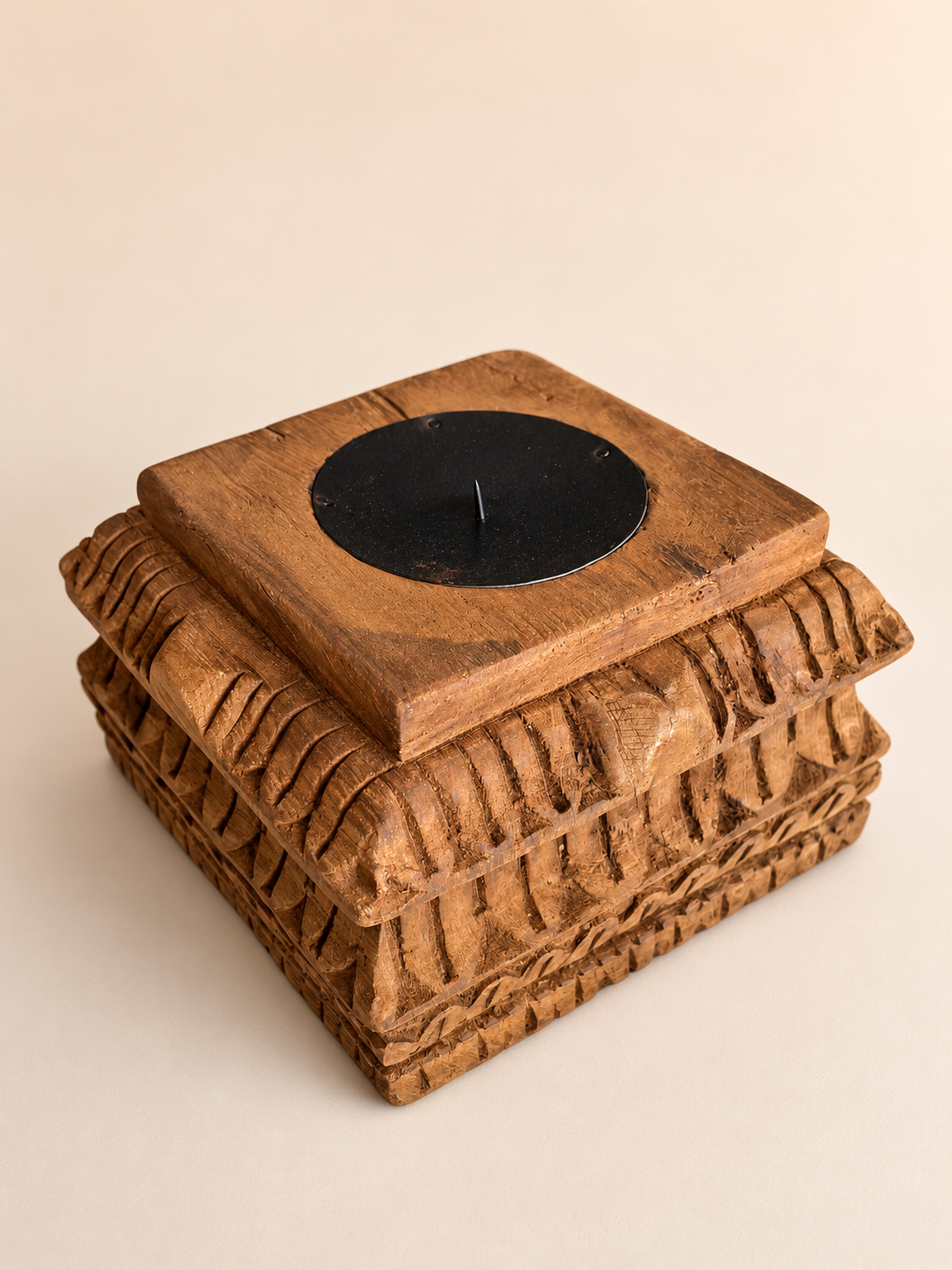 vintage hand-carved old teak wood candle holder
