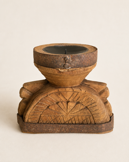 Vintage Hand-Carved 'ॐ' Seeder Wooden Candle Holder
