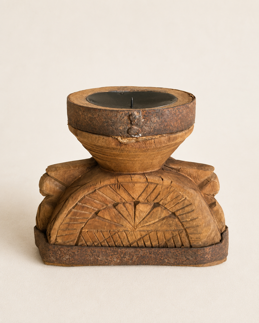 Vintage Hand-Carved 'ॐ' Seeder Wooden Candle Holder