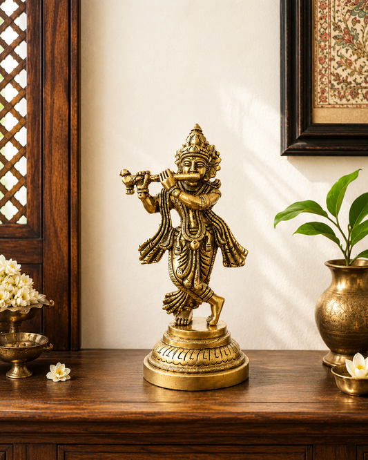 Vintage Brass Lord Krishna Playing Flute Decorative Sculpture