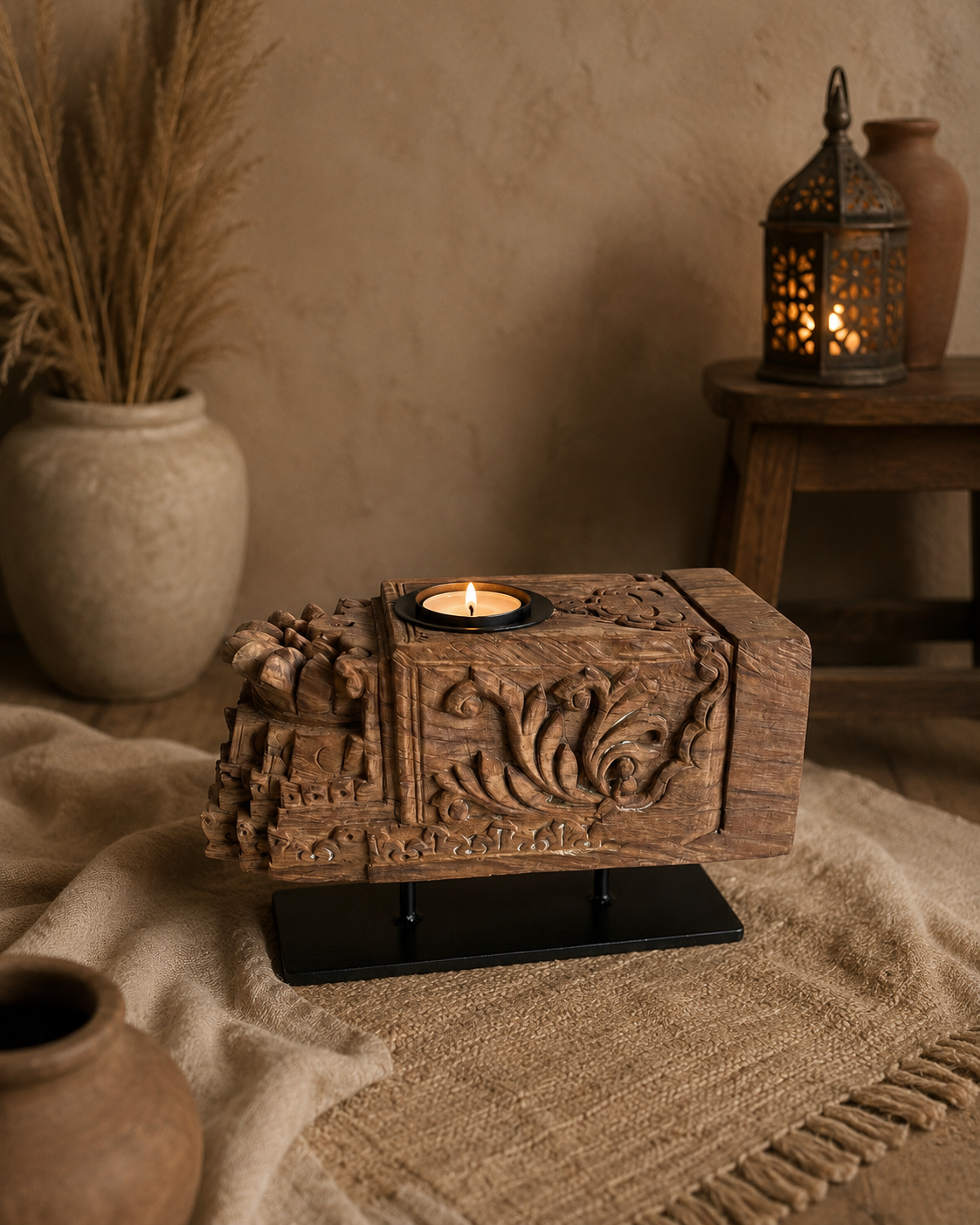 vintage hand-carved wooden candle holder on iron stand