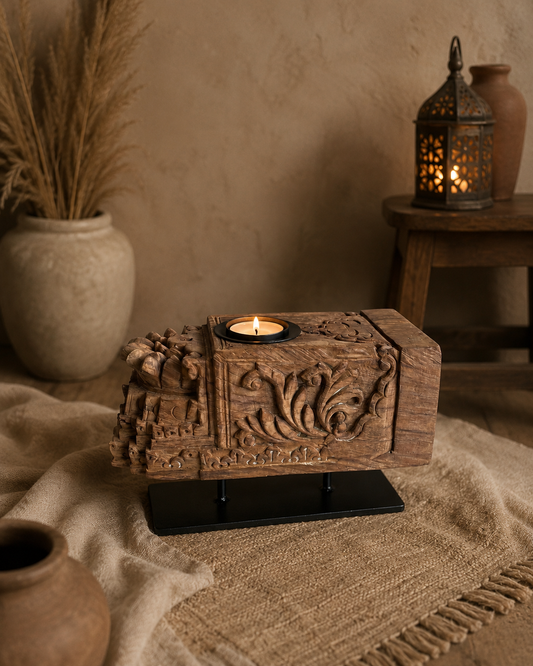 Vintage Hand-Carved Wooden Candle Holder on Iron Stand