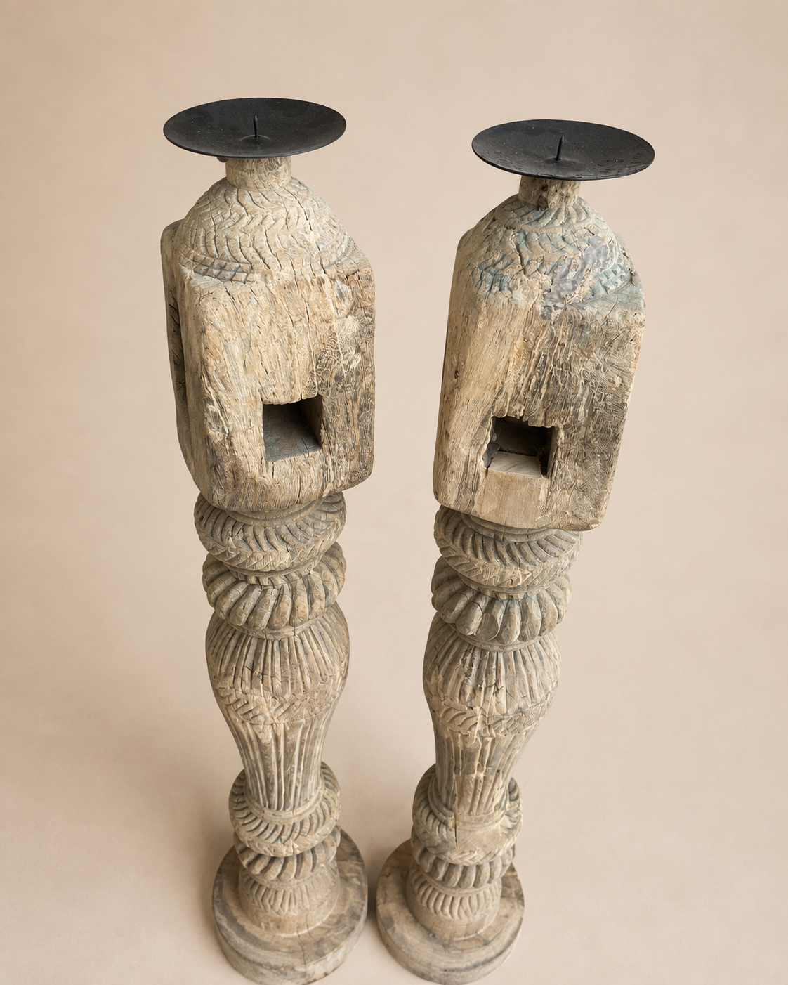 vintage old charpai leg candle & display holder – set of 2 | bleach finish