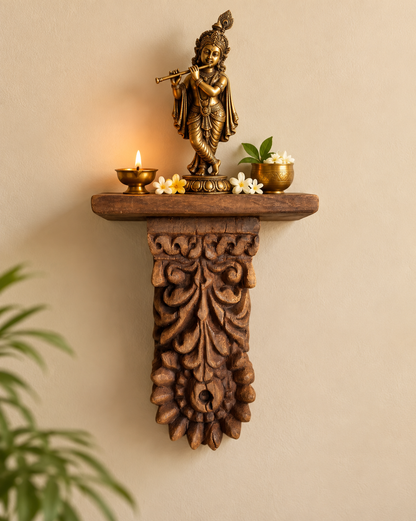 Vintage Hand-Carved Floral Wooden Wall Shelf / Bracket