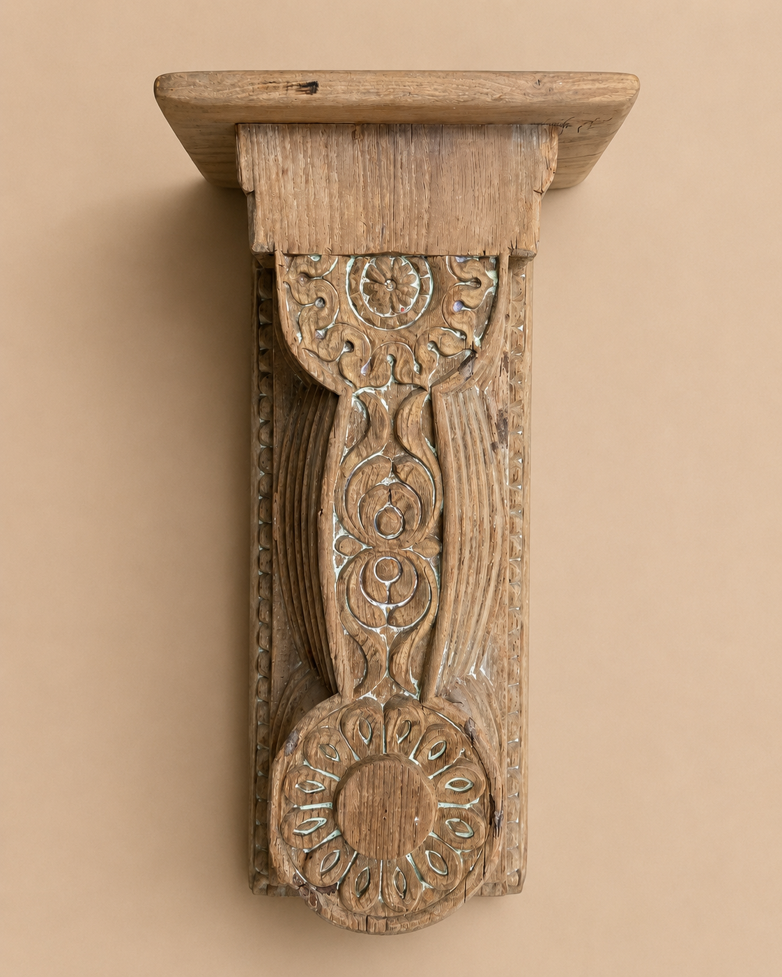 vintage hand-carved bleach finish wooden wall shelf