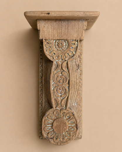 Vintage Hand-Carved Bleach Finish Wooden Wall Shelf