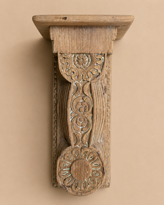 Vintage Hand-Carved Bleach Finish Wooden Wall Shelf