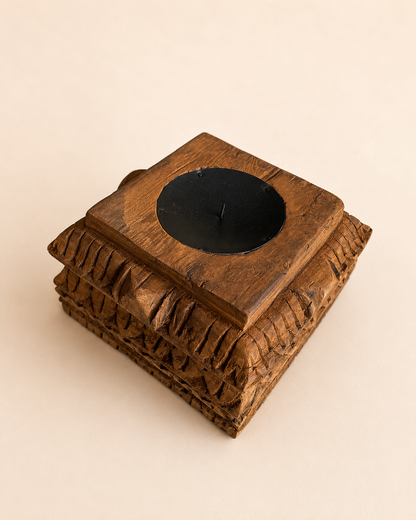 Vintage Hand-Carved Old Teak Wood Candle Holder