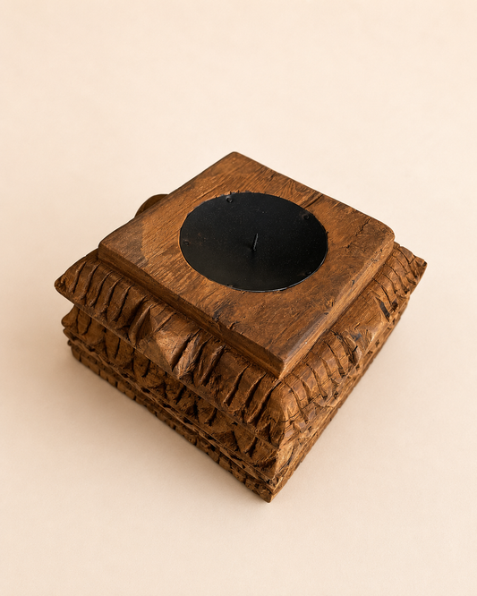 Vintage Hand-Carved Old Teak Wood Candle Holder