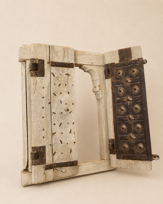 Bleached Hand-Carved Shekhawati Haveli Window with Functional Opening Shutters