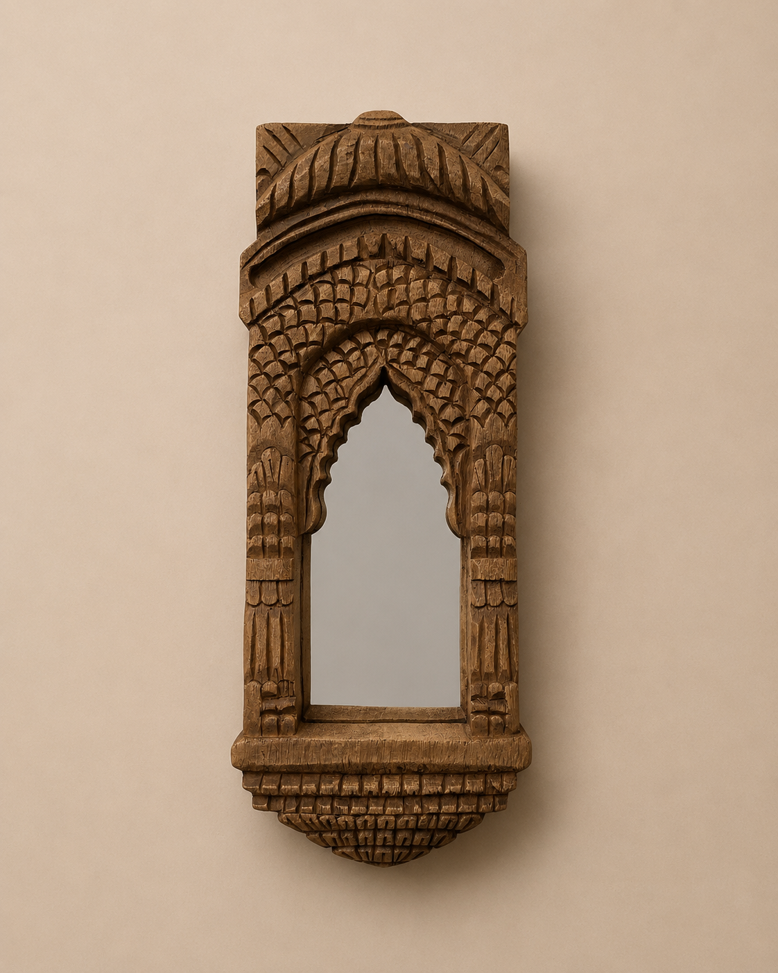 hand-carved teak wood heritage arch wall mirror