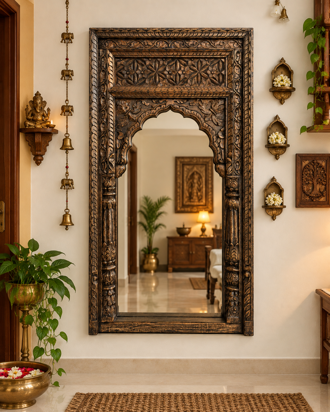 vintage hand-carved wooden mirror frame – charcoal & antique gold finish