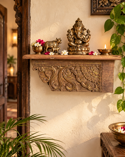 Vintage Hand-Carved Floral Wooden Wall Shelf