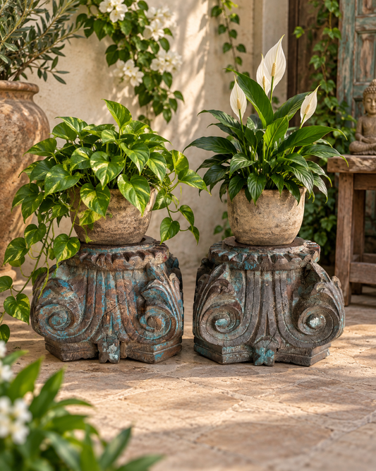 Vintage Distressed Hand-Carved Wooden Pillar Base Candle Holders / Planters - Set of 2