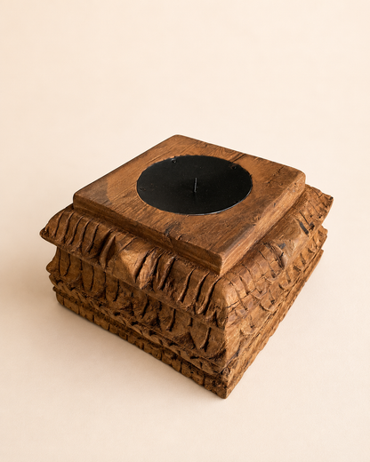 Vintage Hand-Carved Old Teak Wood Candle Holder