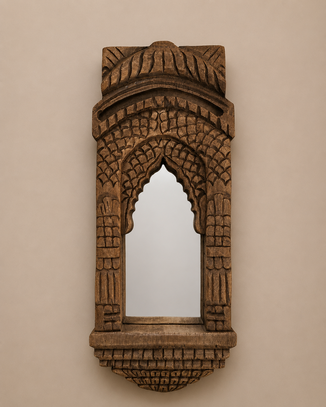 hand-carved teak wood heritage arch wall mirror