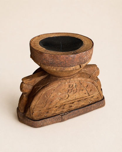 Vintage Hand-Carved 'ॐ' Seeder Wooden Candle Holder