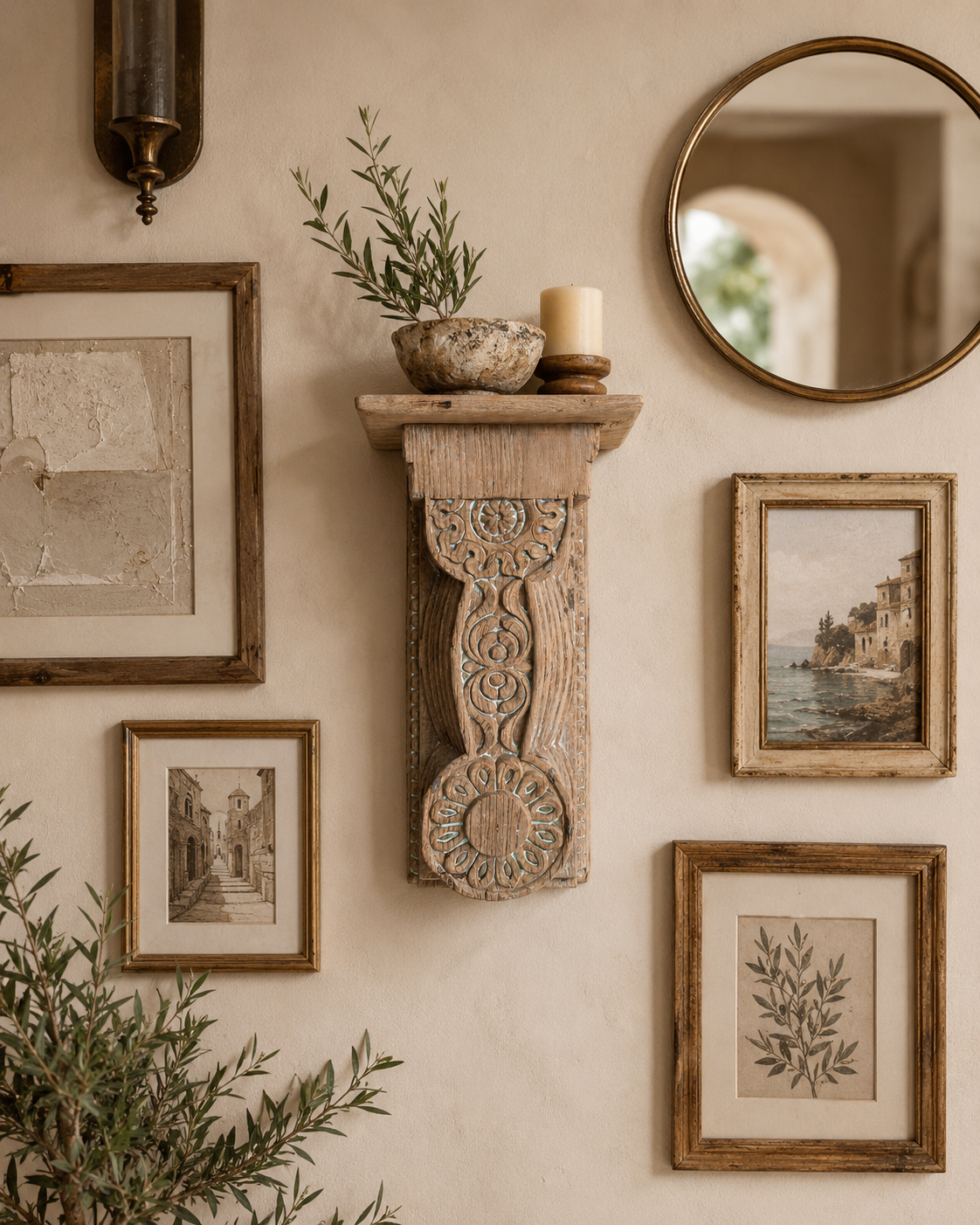 vintage hand-carved bleach finish wooden wall shelf
