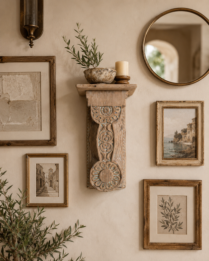 Vintage Hand-Carved Bleach Finish Wooden Wall Shelf