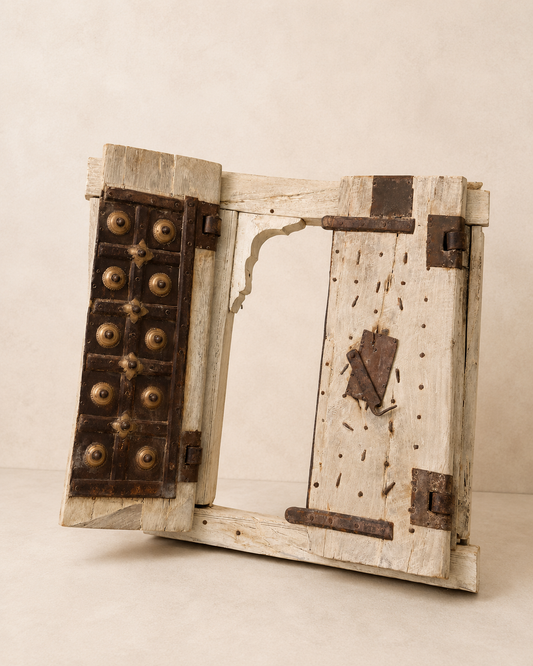 Bleached Hand-Carved Shekhawati Haveli Window with Functional Opening Shutters